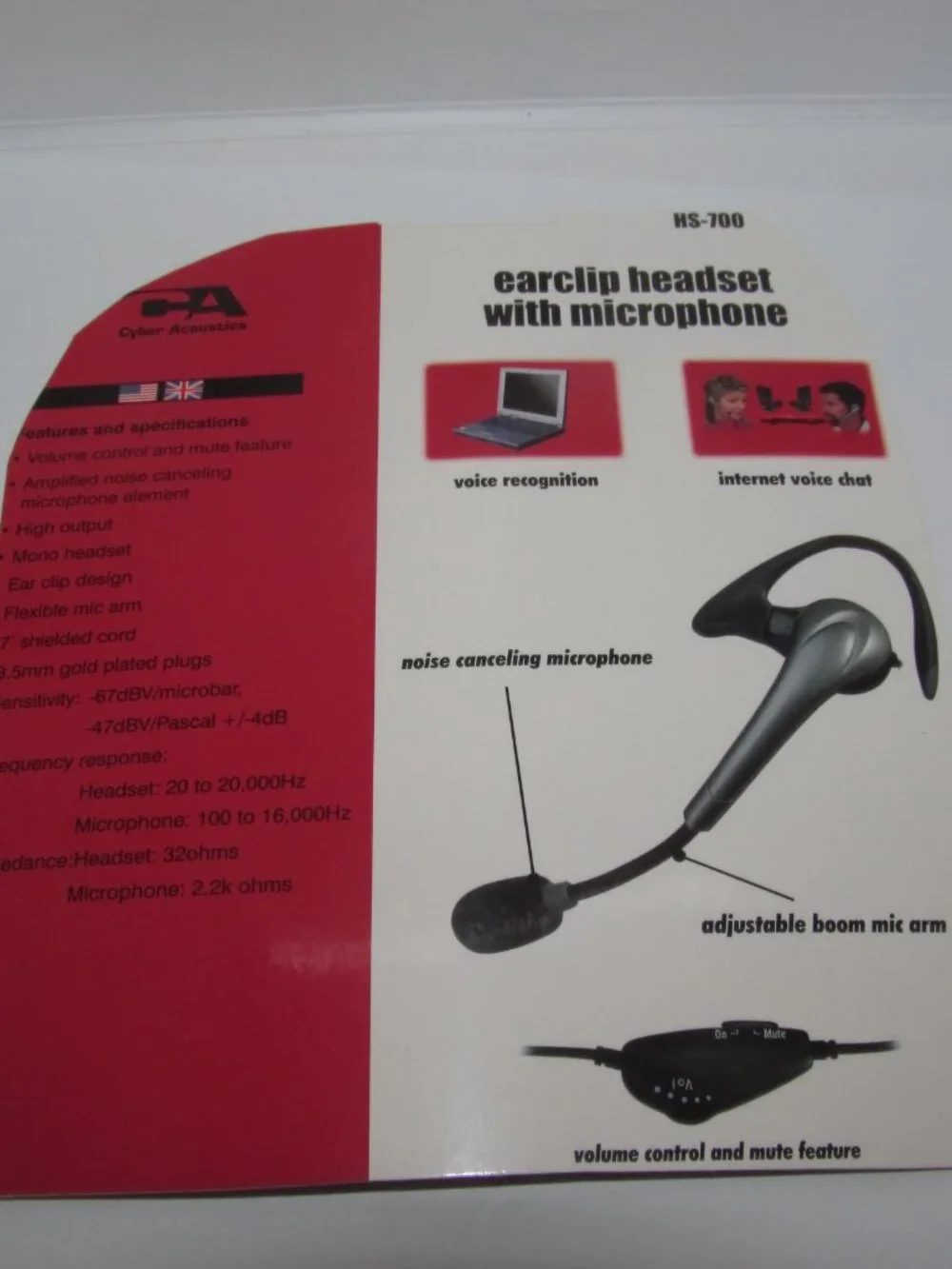Cyber Acoustics HS-700 Vintage 2000's Y2k Earclip Headset + Microphone & Volume